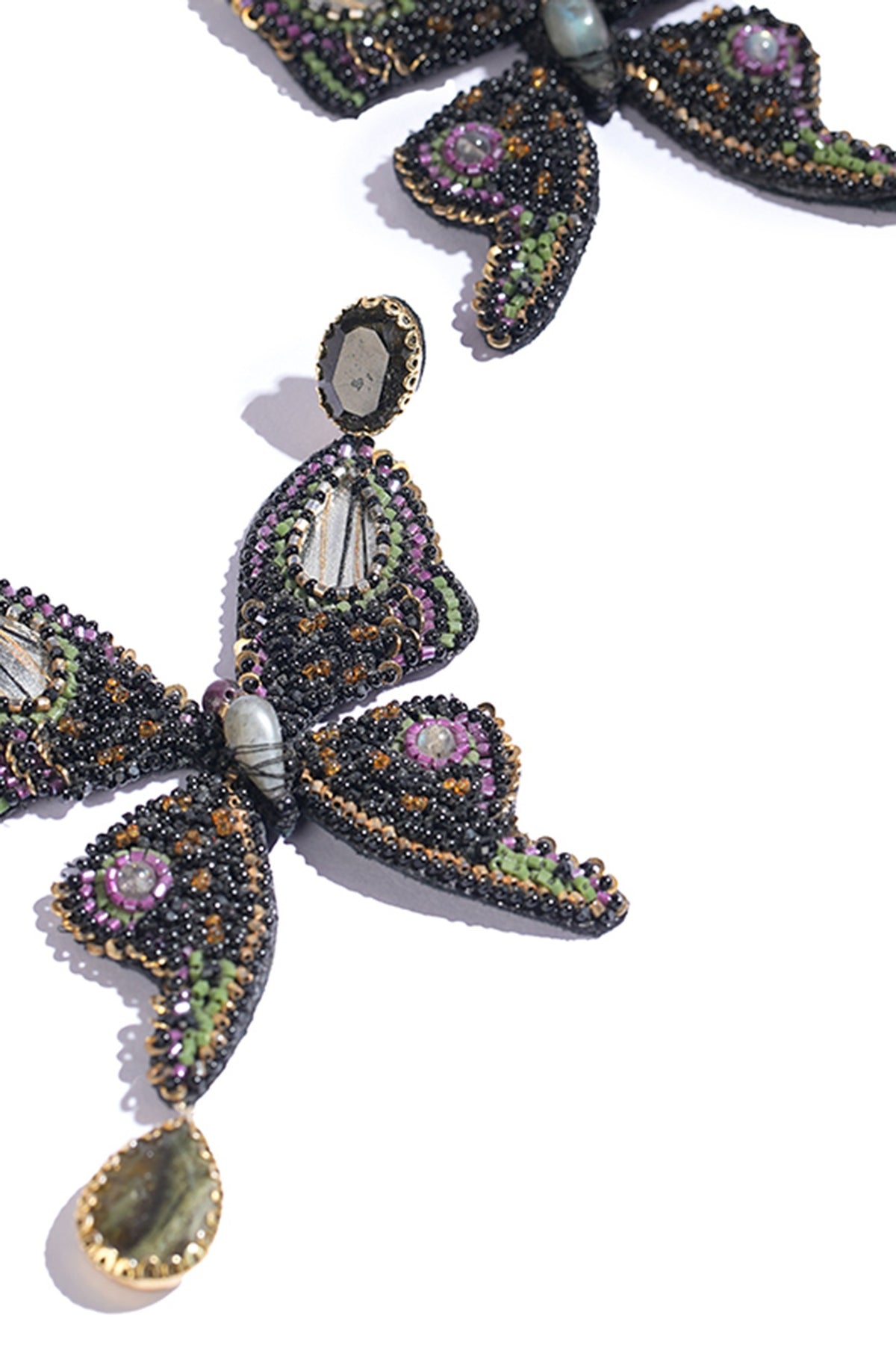 Black Glass Beaded & Semi-Precious Stone Dangler Earrings