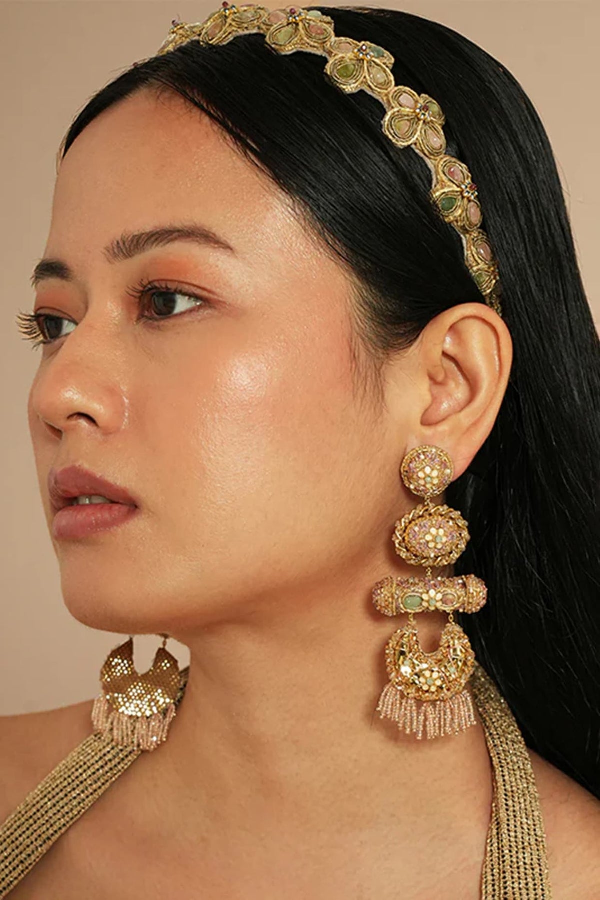 Gold Glass Beaded Dangler Earrings