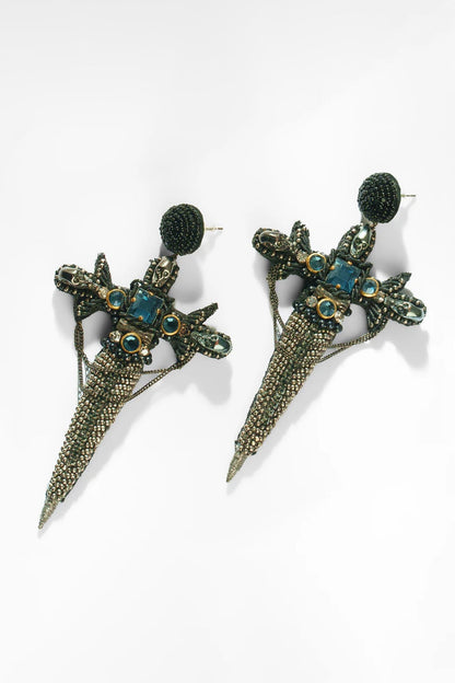 Black Glass Beaded & Metallic Thread Dangler Earrings