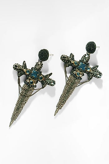 Black Glass Beaded & Metallic Thread Dangler Earrings