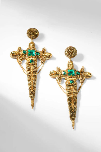 Gold Glass Beaded & Metallic Thread Dangler Earrings