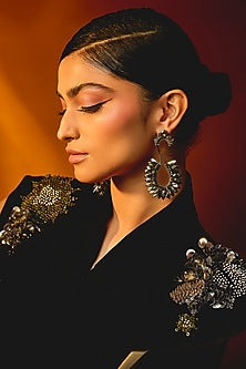 Black Glass Beaded & Metallic Thread Dangler Earrings