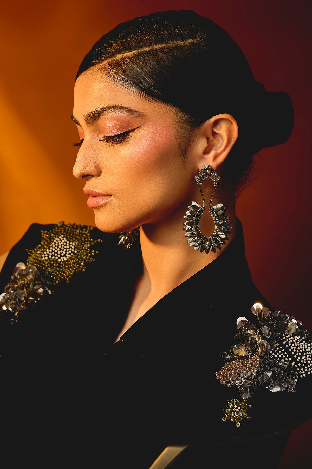 Black Glass Beaded & Metallic Thread Dangler Earrings