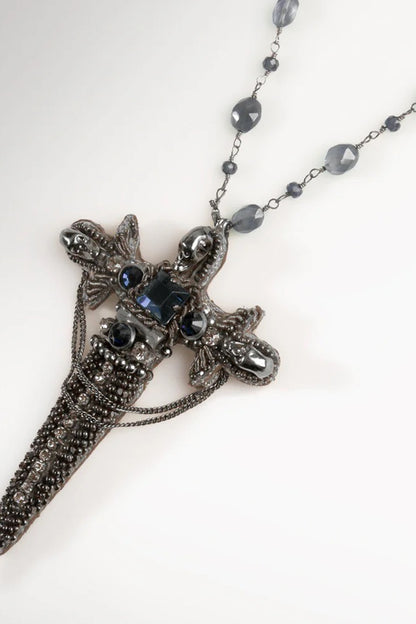 Gunmetal Glass Beaded & Nylon Thread Necklace
