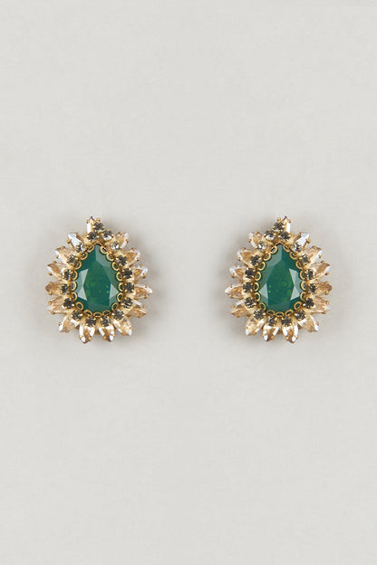 Gold Finish Green Stone Stud Earrings