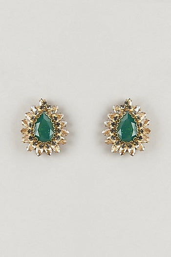 Gold Finish Green Stone Stud Earrings