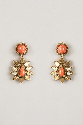 Gold Finish Peach Stone Dangler Earrings