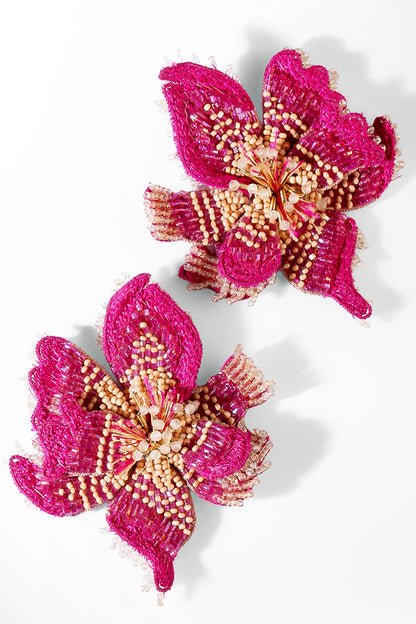 Fuchsia Glass Beaded Stud Earrings
