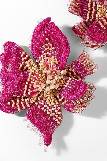 Fuchsia Glass Beaded Stud Earrings