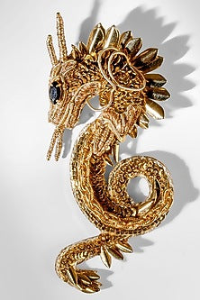 Gold Glass Beaded & Metallic Thread Dragon Brooch