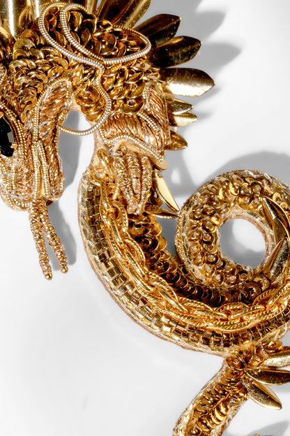 Gold Glass Beaded & Metallic Thread Dragon Brooch