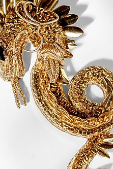 Gold Glass Beaded & Metallic Thread Dragon Brooch