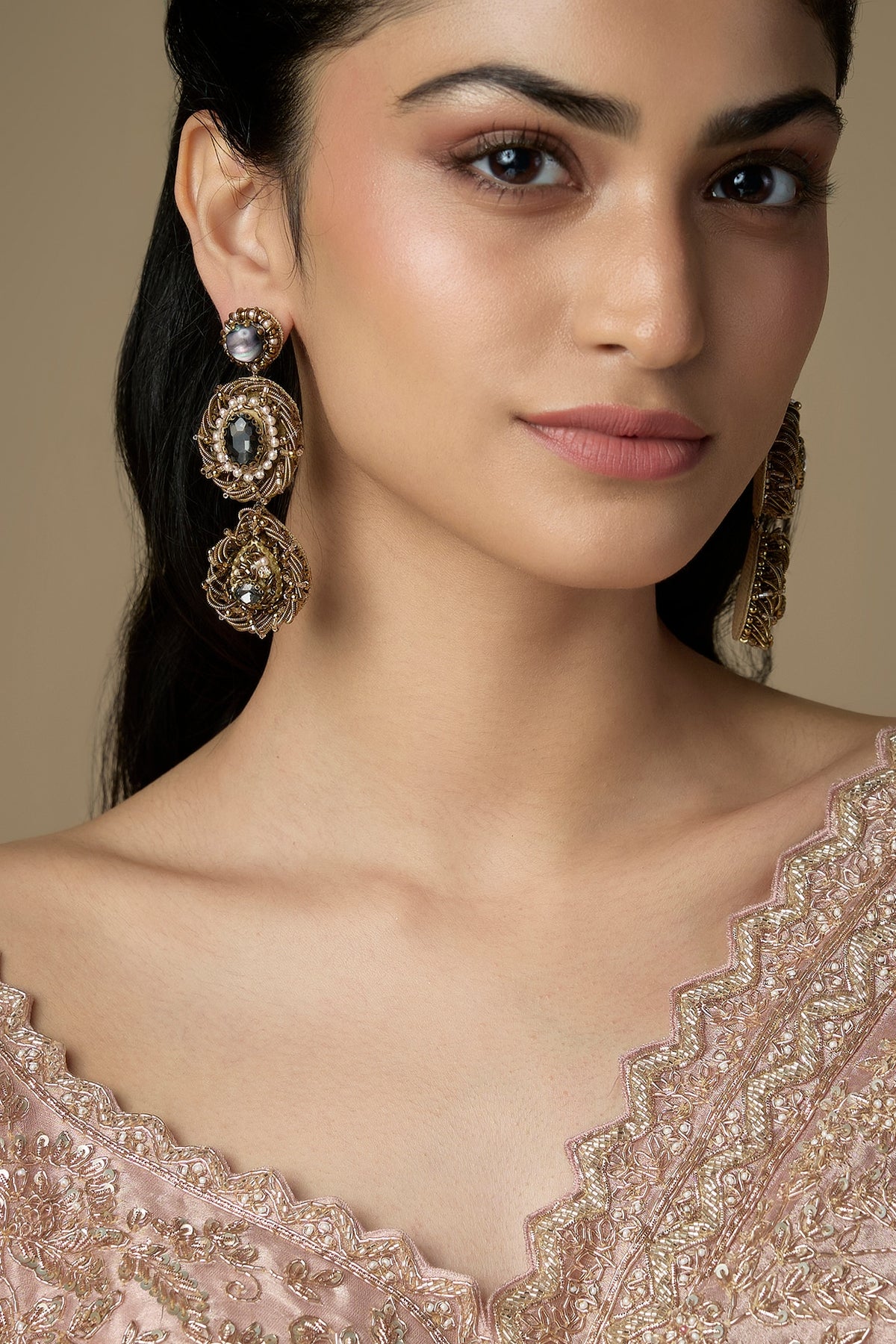 Two-Tone Finish Gunmetal Stone Dangler Earrings