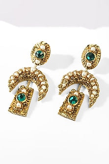 Gold Glass Beaded & Crystal Woven Dangler Earrings