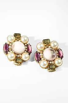 Gold Glass Beaded & Crystal Woven Stud Earrings