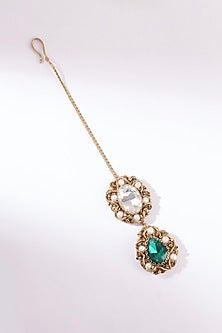 Green Glass Beaded & Glass Crystal Maangtikka