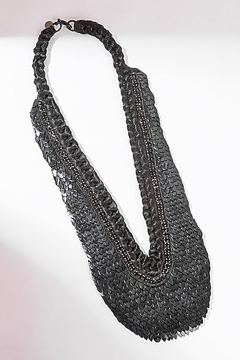 Black Glass Beaded & Hand Embroidered Bib Necklace