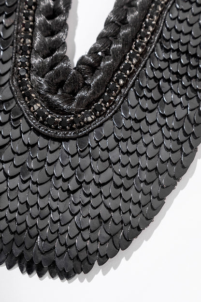 Black Glass Beaded & Hand Embroidered Bib Necklace