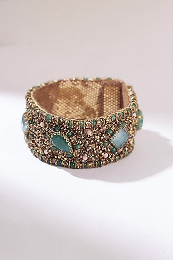 Green Glass Bead & Glass Crystal Hand Embroidered Bracelet
