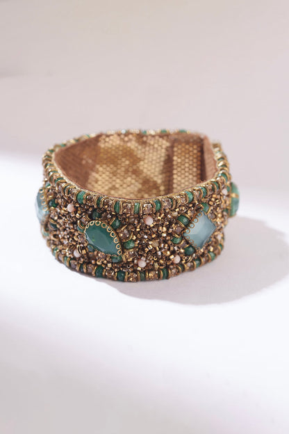 Green Glass Bead & Glass Crystal Hand Embroidered Bracelet