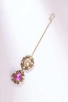 Pink Glass Beaded & Glass Crystal Maangtikka