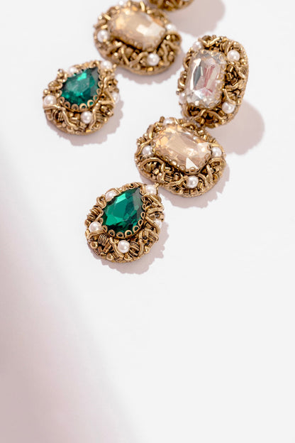 Green Hand Embroidered Dangler Earrings