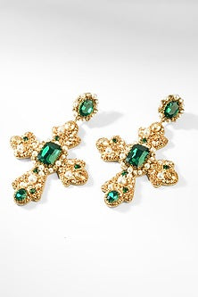 Gold Glass Beaded & Crystal Woven Dangler Earrings
