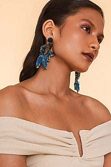 Blue Glass Beaded Embroidered Dangler Earrings