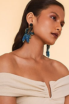 Blue Glass Beaded Embroidered Dangler Earrings