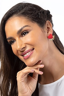 Red Glass Beaded Heart Stud Earrings