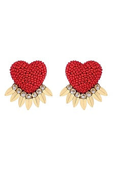 Red Glass Beaded Heart Stud Earrings