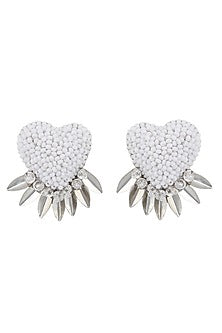 White Glass Beaded Heart Stud Earrings