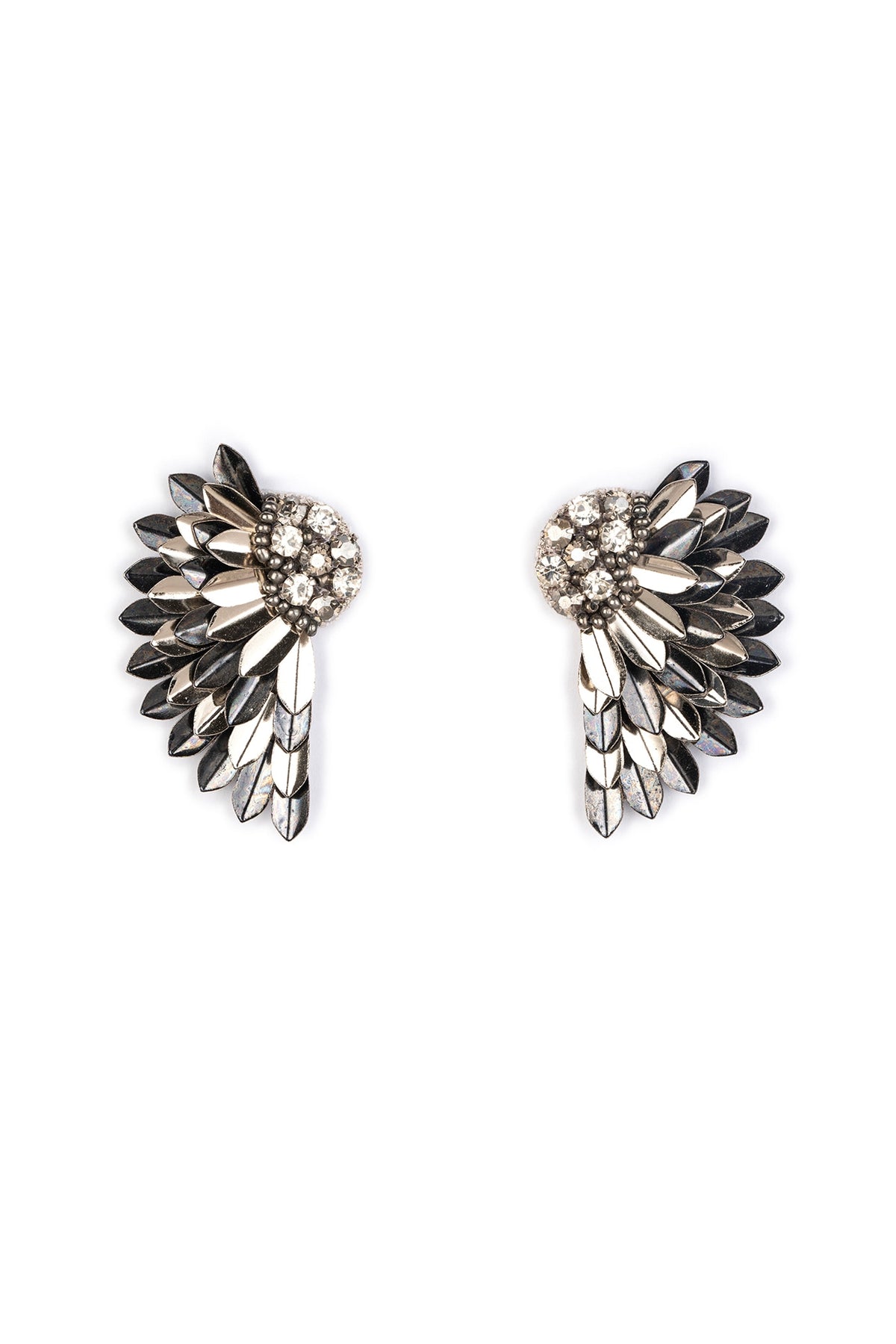 Silver Glass Bead & Crystal Hand Embroidered Wing-Shaped Earrings