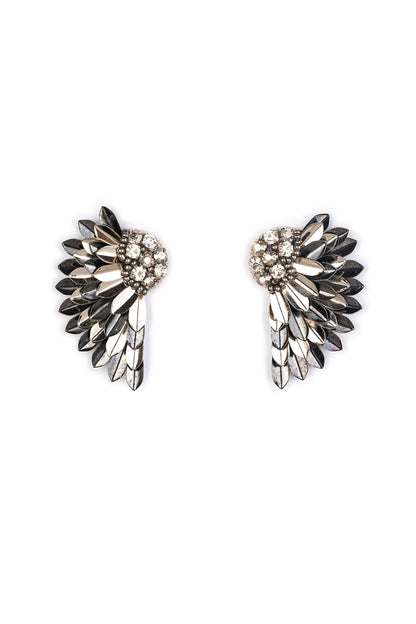 Silver Glass Bead & Crystal Hand Embroidered Wing-Shaped Earrings