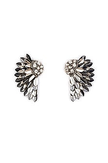 Silver Glass Bead & Crystal Hand Embroidered Wing-Shaped Earrings