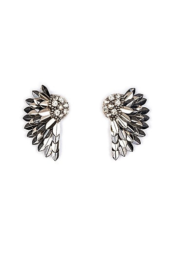 Silver Glass Bead & Crystal Hand Embroidered Wing-Shaped Earrings