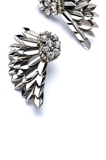 Silver Glass Bead & Crystal Hand Embroidered Wing-Shaped Earrings