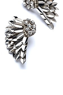 Silver Glass Bead & Crystal Hand Embroidered Wing-Shaped Earrings
