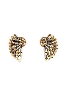 Gold Glass Bead & Crystal Hand Embroidered Wing-Shaped Earrings