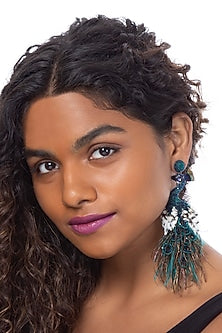 Green Beaded Hand Embroidered Peacock Earrings