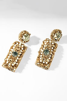 Gold Glass Beaded & Crystal Woven Dangler Earrings