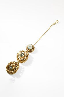 Gold Glass Beaded & Crystal Woven Maangtikka