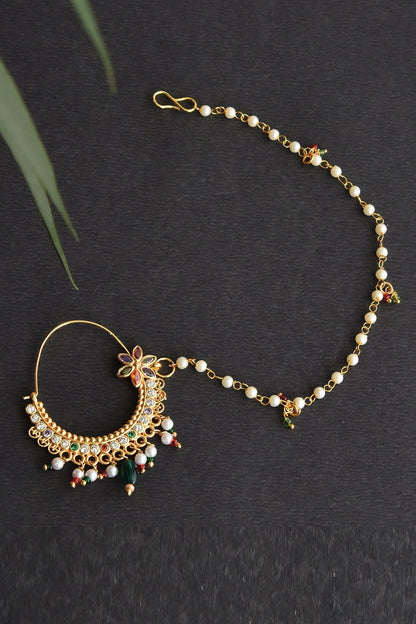 Gold Tone Floral Pearl Nose Ring 