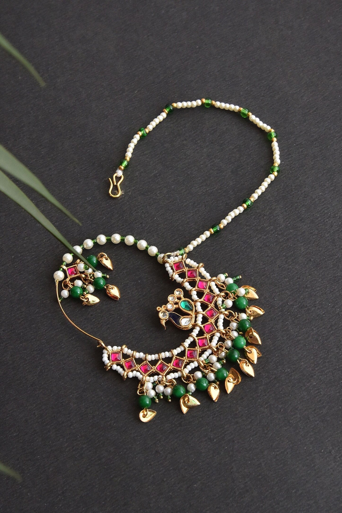 Gold Tone Peacock Nath with Bead Drops 