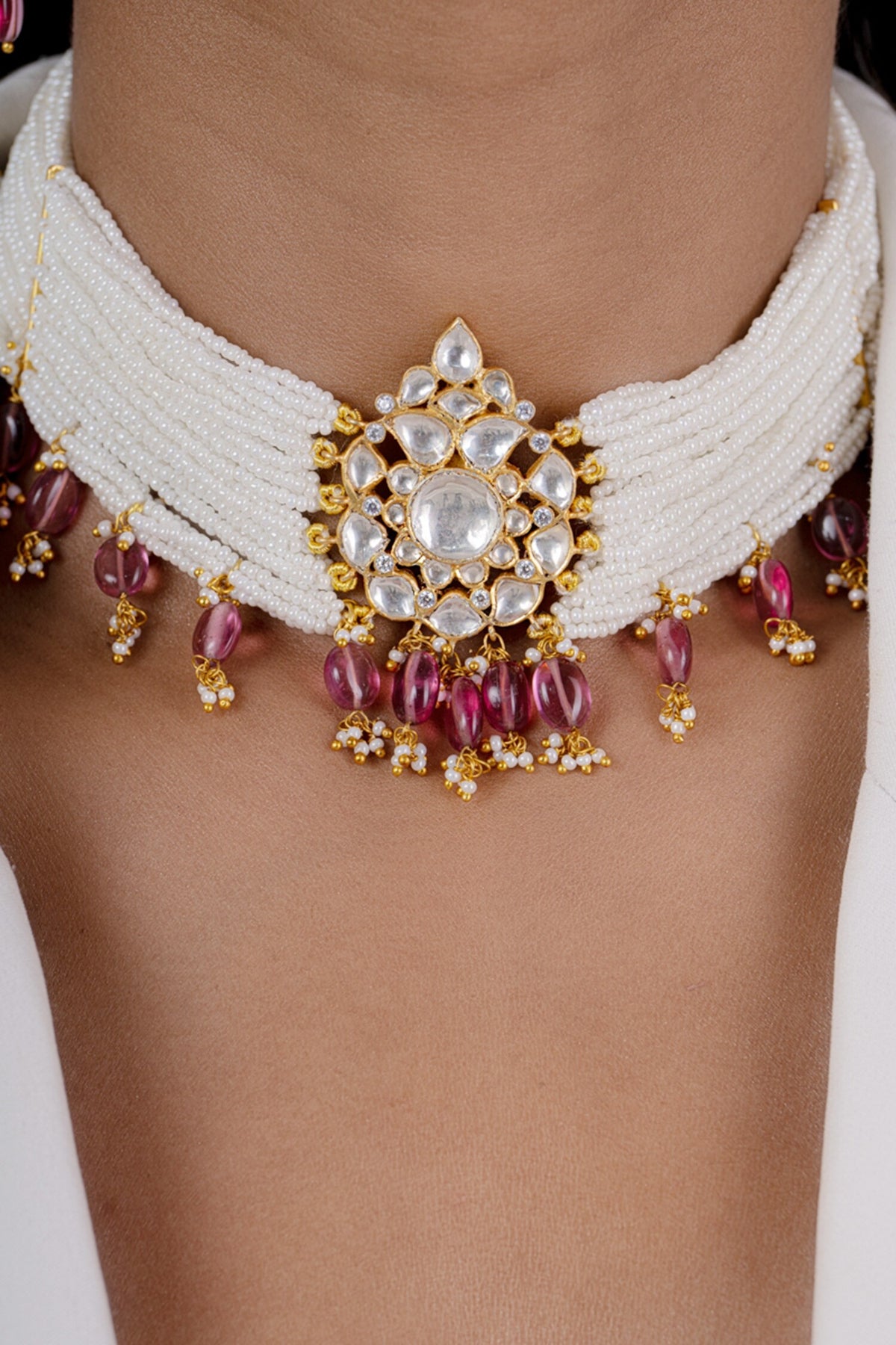 Bead Layered Pendant Choker Set 