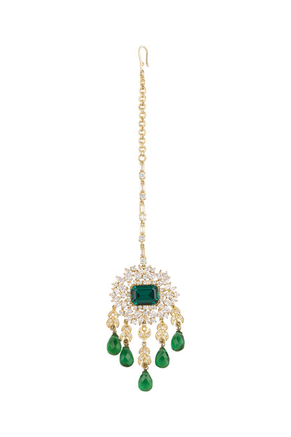 Gold Plated Emerald Green Stone Maang Tikka