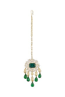 Gold Plated Emerald Green Stone Maang Tikka