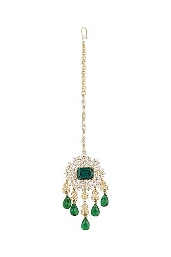 Gold Plated Emerald Green Stone Maang Tikka