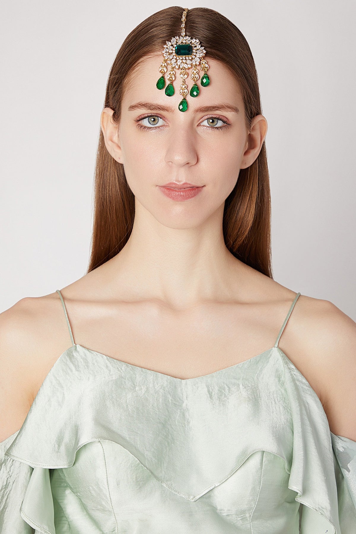 Gold Plated Emerald Green Stone Maang Tikka
