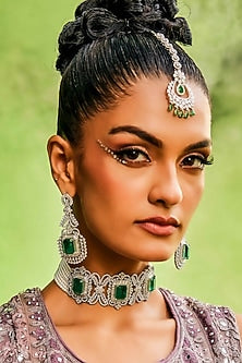 White Rhodium Finish Emerald Doublet & Swarovski Diamond Choker Necklace Set